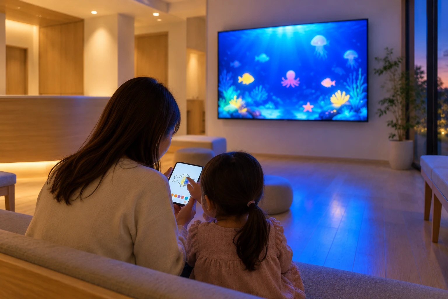 待合のベンチで、母親のスマートフォンを子どもと一緒にのぞき込み、魚に色をぬっている