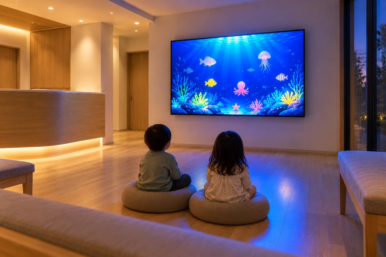 子ども2人がクッションに座り、画面に触れずに見上げている待合室
