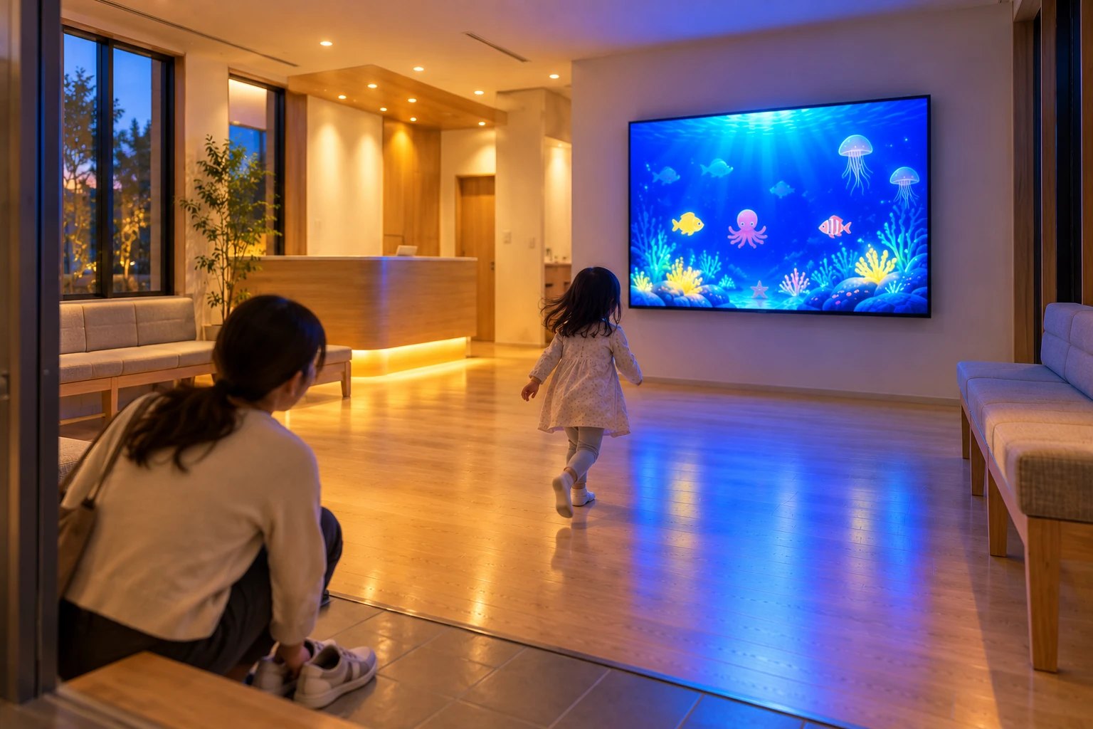 入口から入ってきた子どもが、画面のほうへ小走りで向かっている