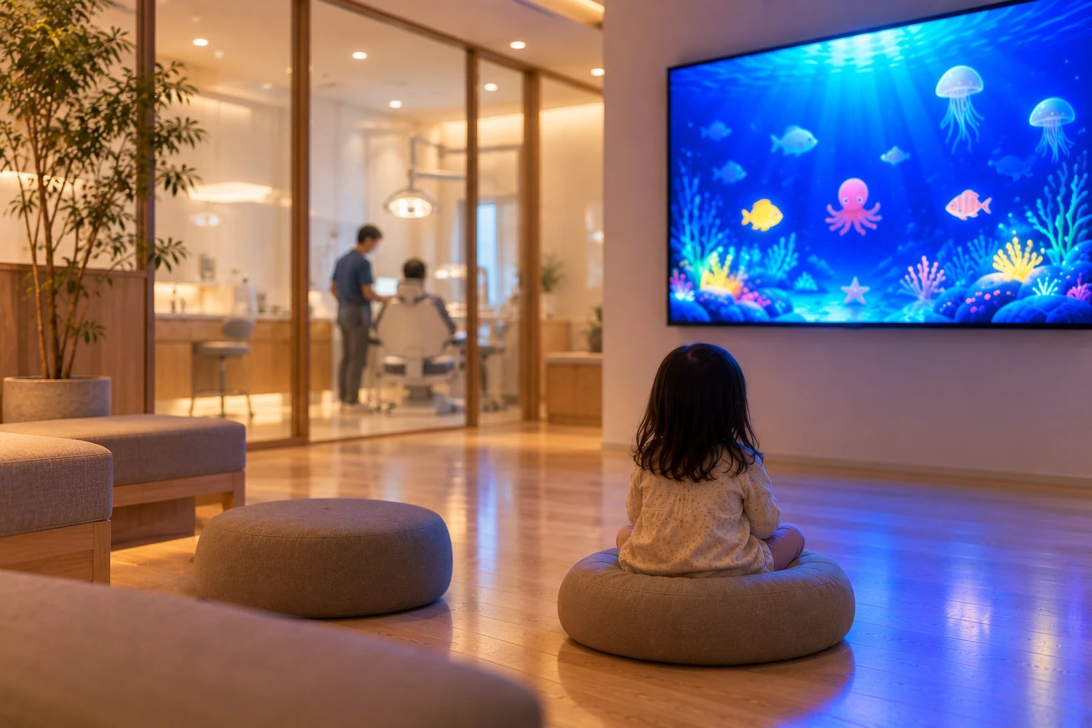 手前で子どもが画面に見入る一方、奥のガラス越しに診療が進んでいる