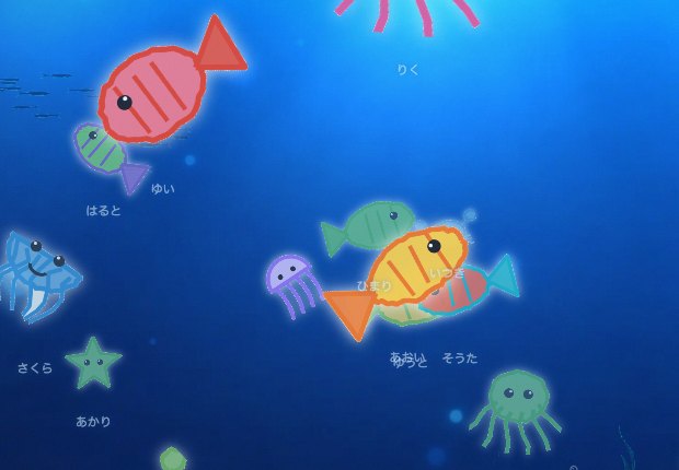 待合室のテレビ画面。子どもたちの作品が泳いでいる